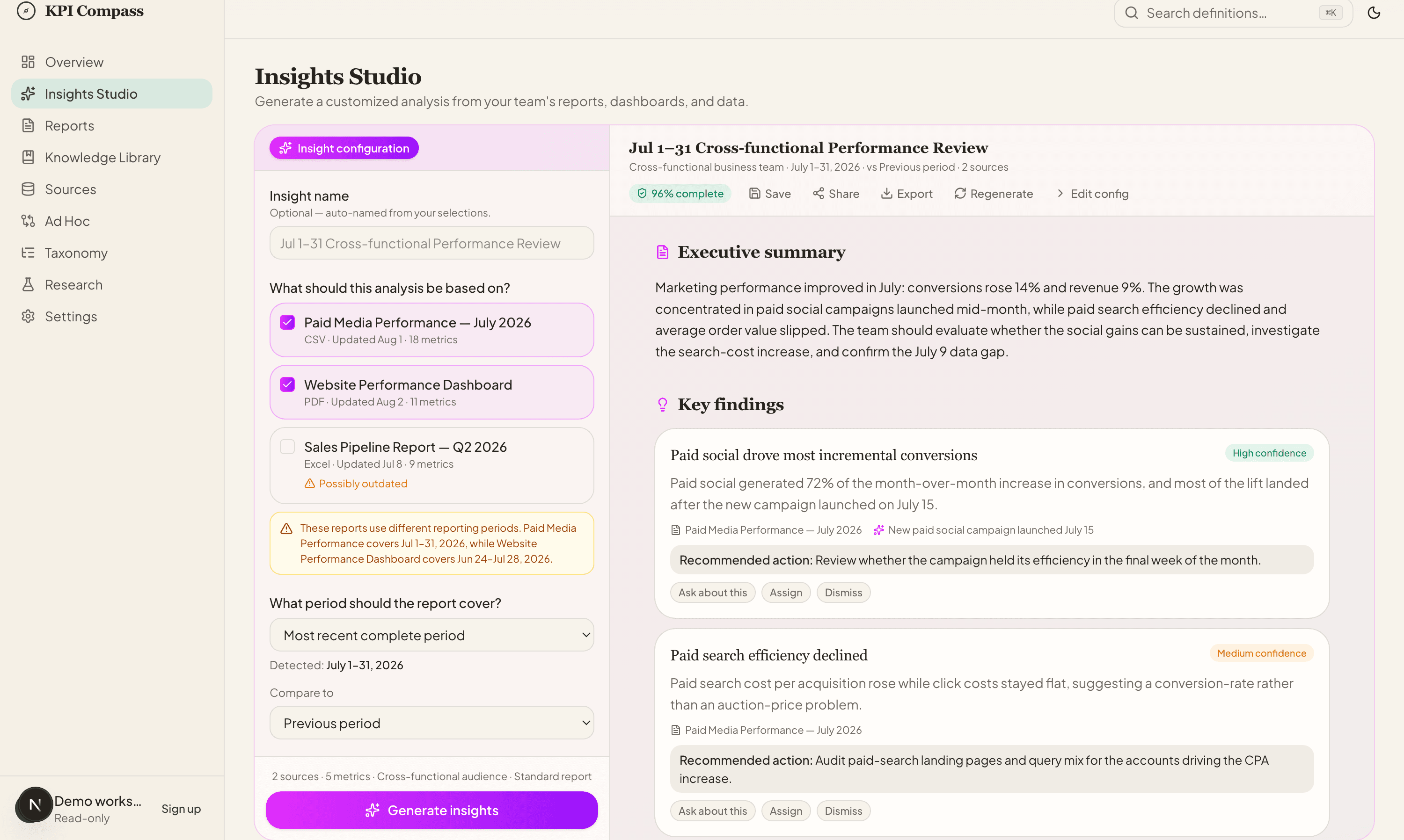 KPI Compass Insights Studio — the configuration panel and a generated insight report